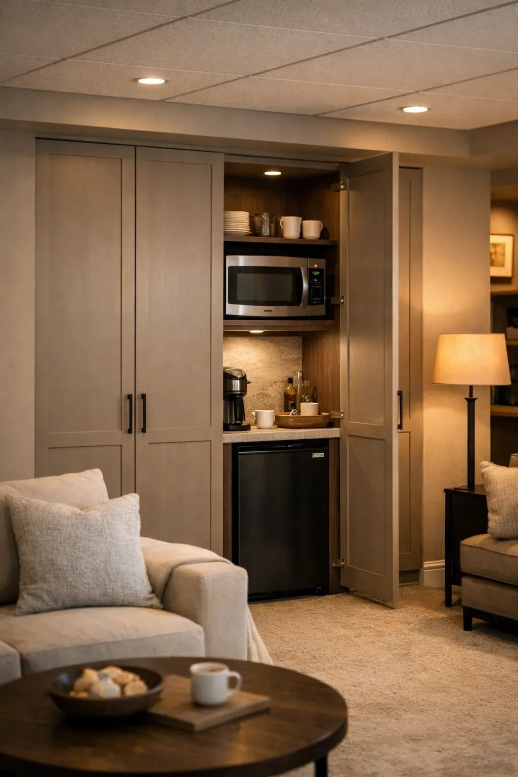 A hidden basement kitchenette tucked behind tall cabinet doors in a clean multi-use space.