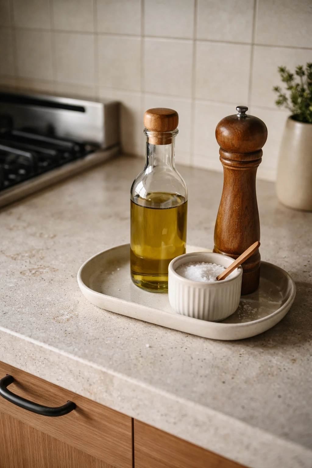 Olive oil, salt cellar, and pepper mill grouped together on a small tray beside a kitchen stove.