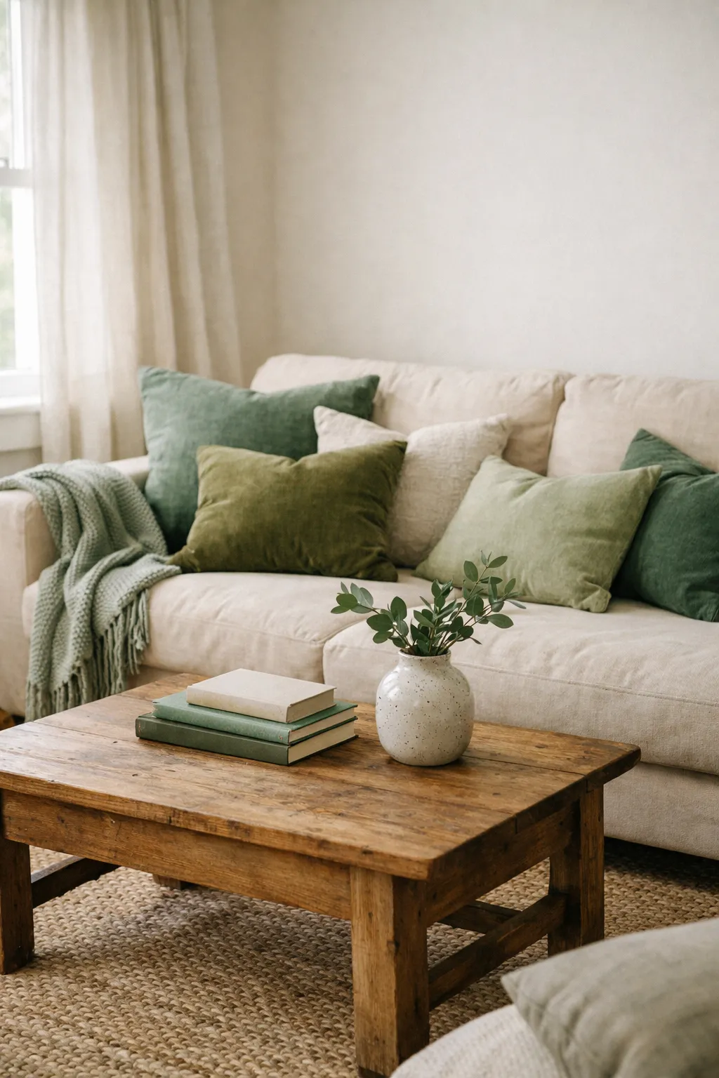 Neutral living room with layered green pillows, blankets, and textiles.