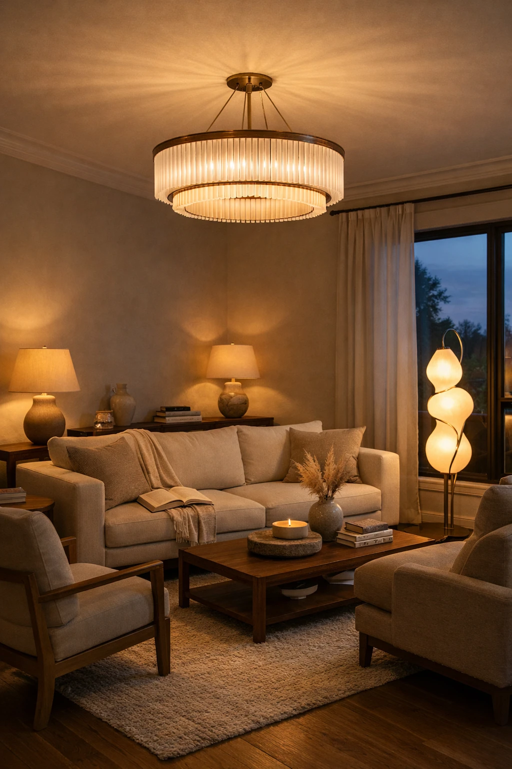 A luxury living room with a chandelier, table lamps, and a floor lamp creating warm layered light.