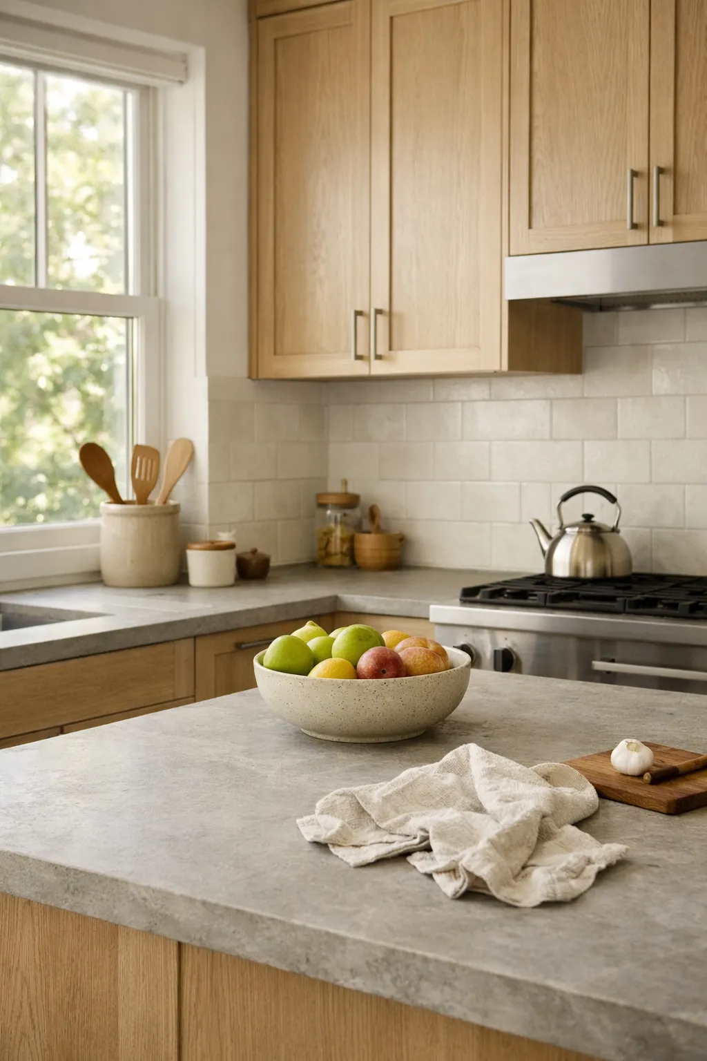 A bright kitchen with matte stone countertops, warm wood cabinets, and soft daylight filtering through large windows.