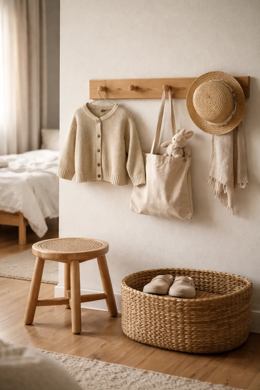 A Montessori bedroom with child-height wall hooks holding a sweater, bag, and daily essentials near the dressing area.
