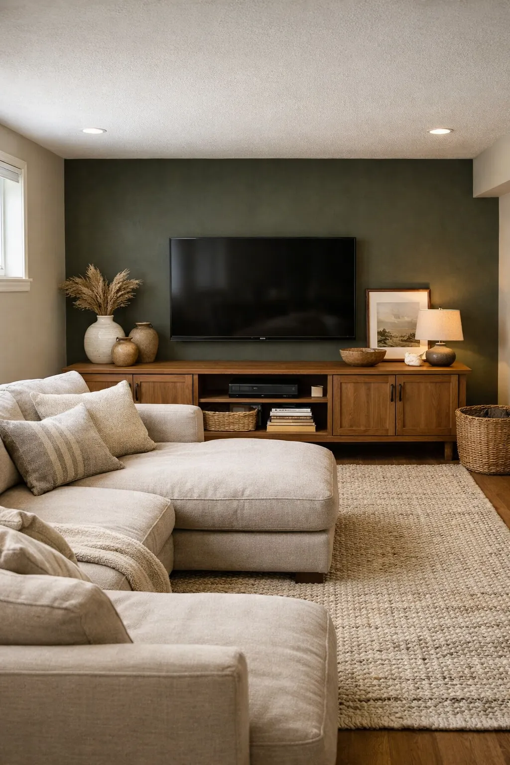 A cozy basement TV area with a dark accent wall, warm lamps, and a soft neutral sectional.
