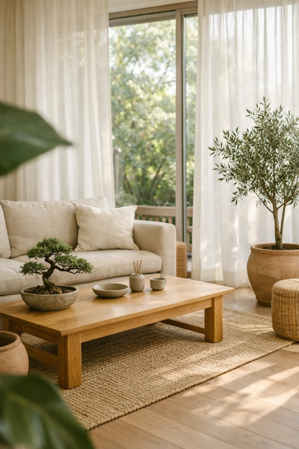 Japandi living room with indoor plants, wood furniture, and neutral decor.