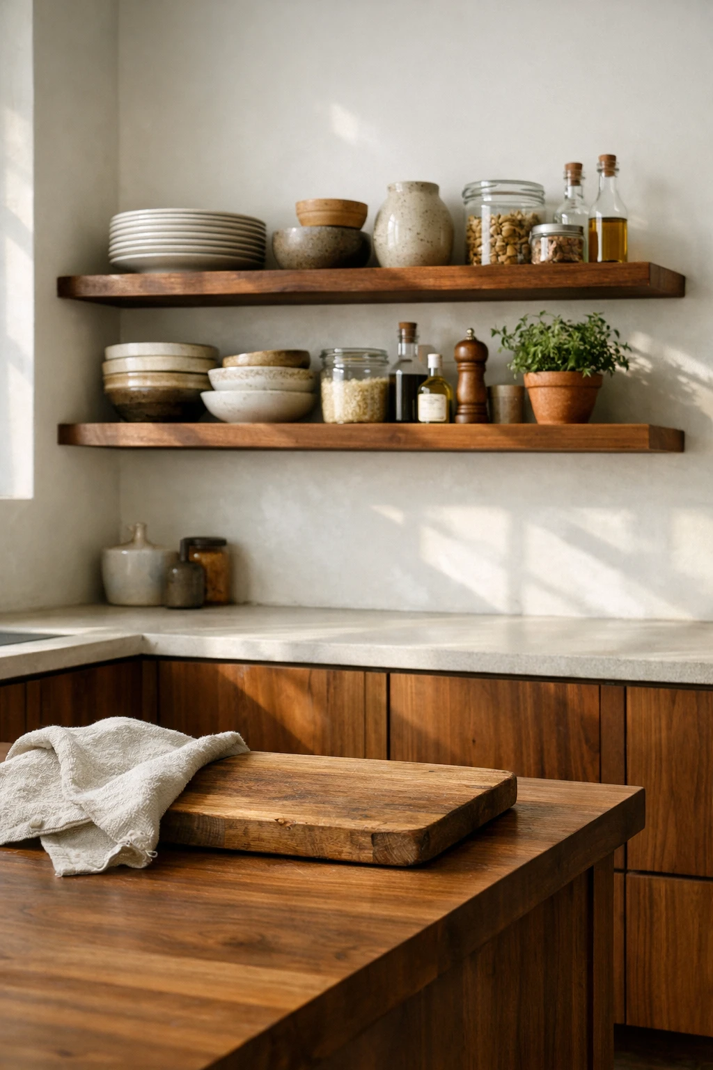 Mid century kitchen with floating wooden shelves and ceramic dishware