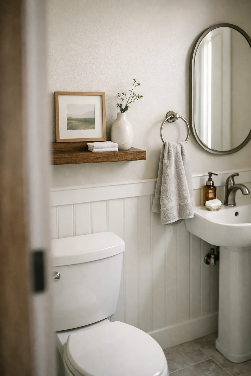 A small powder room featuring art and a slim wall shelf styled vertically above the toilet.