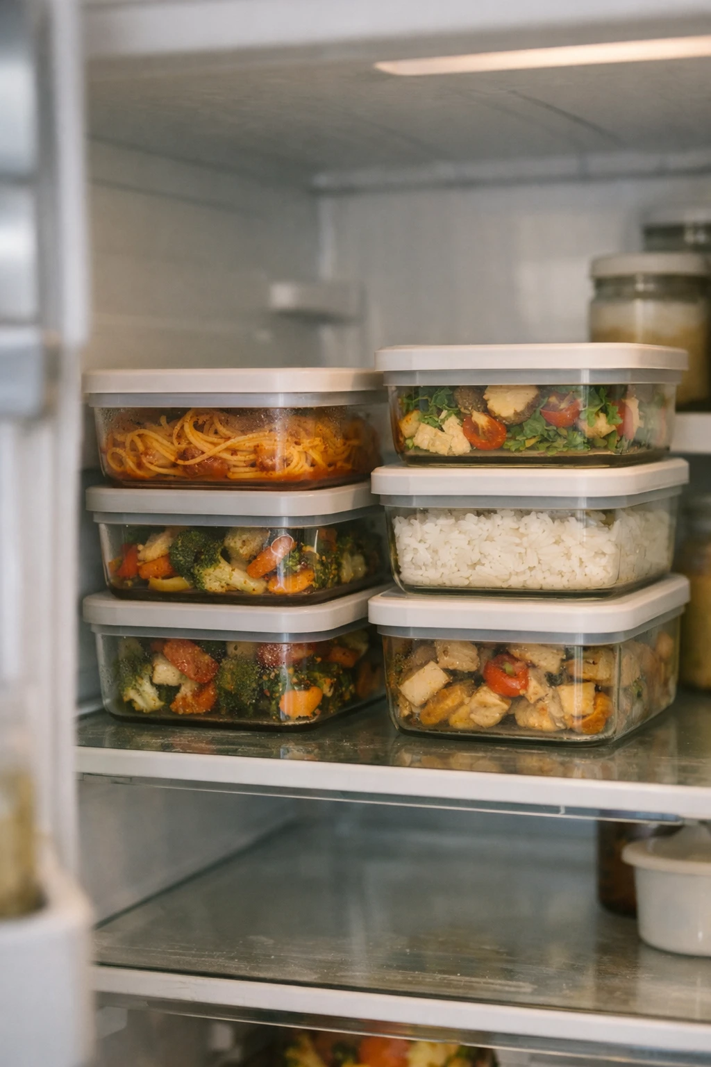 Refrigerator shelf with neatly stacked uniform food storage containers