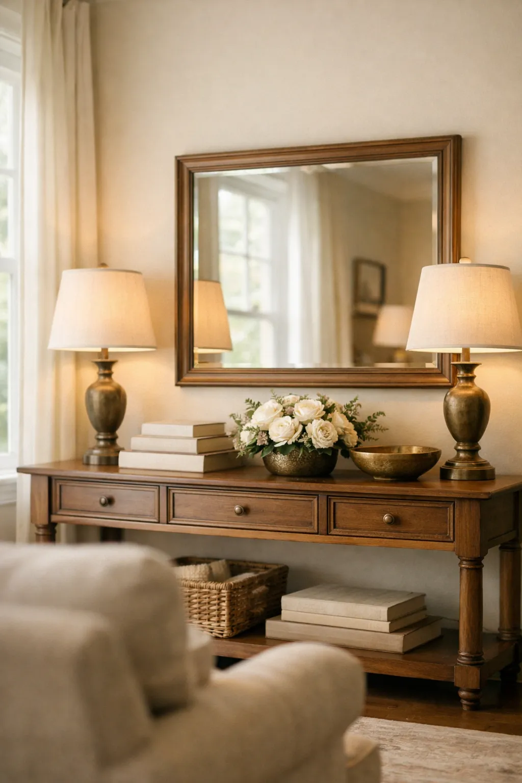Console table with matching lamps and centered mirror in a traditional living room.