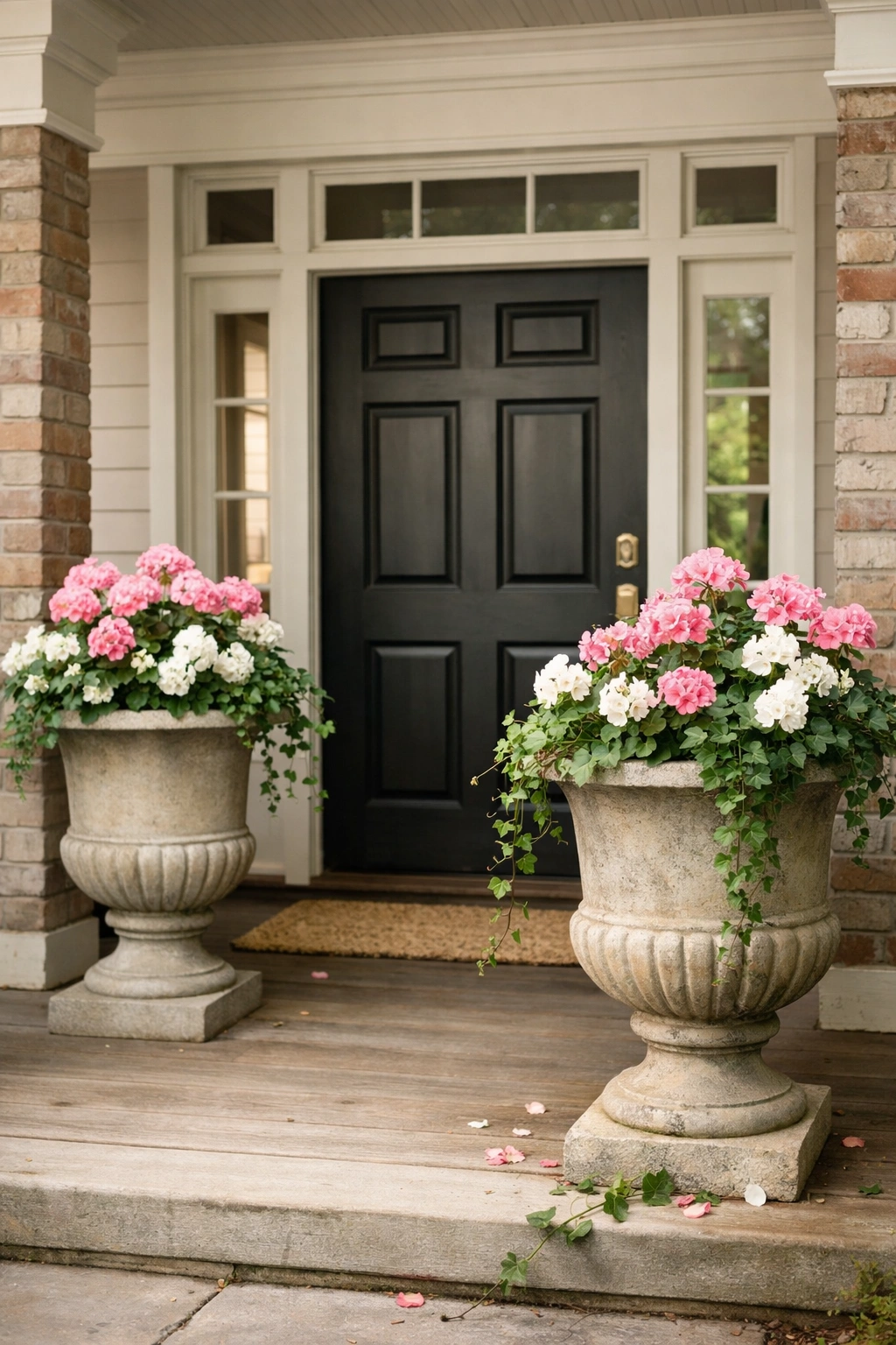 Tall urn planters filled with classic blooms frame a traditional front porch entry.