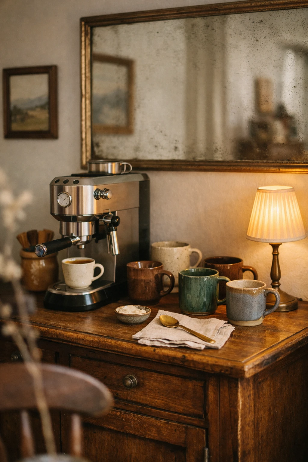 A vintage-inspired coffee bar with dark wood, collected mugs, brass details, and cozy layered styling.