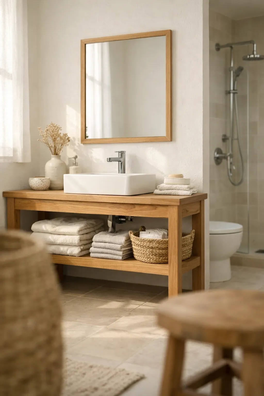 A bright modern bathroom with white walls and natural wood accents.