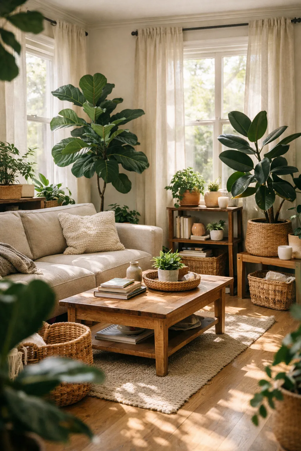 Living room filled with indoor plants and natural textures.
