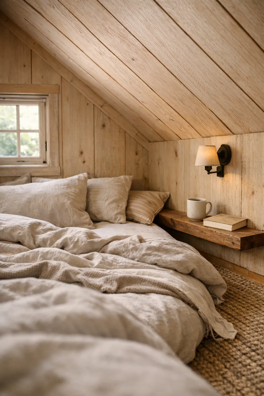 Small cabin loft bedroom with low bedding and soft neutral layers