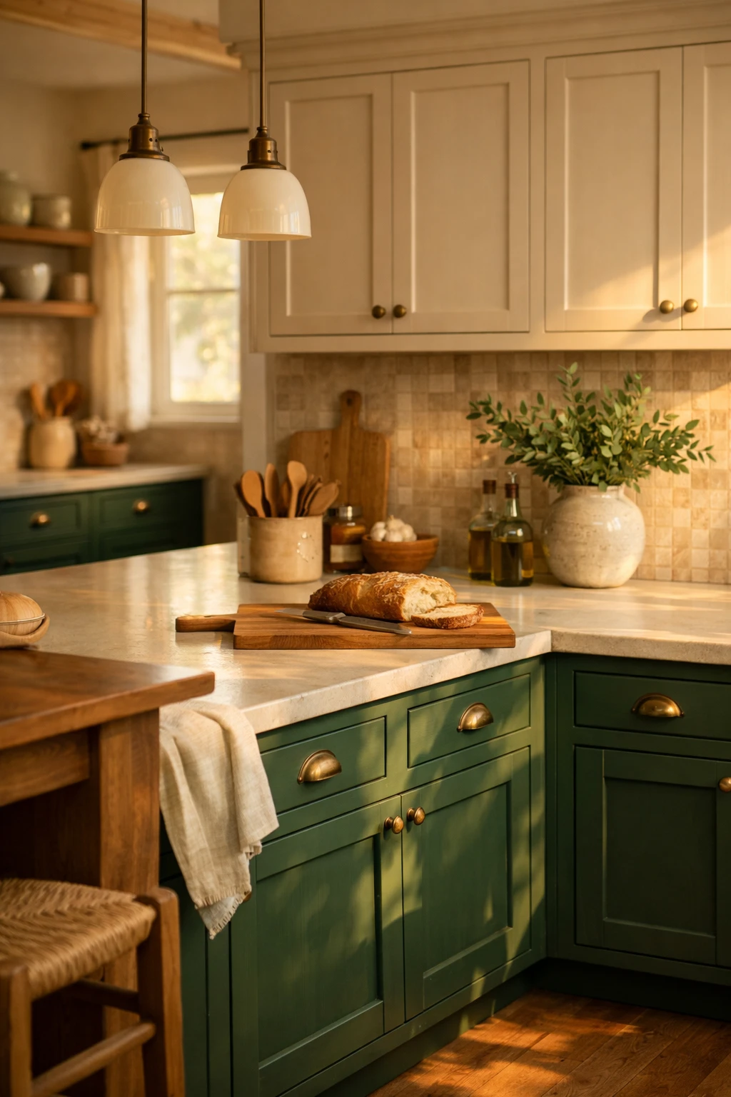 A warm kitchen with forest green lower cabinets, beige uppers, brass accents, and cozy natural light.