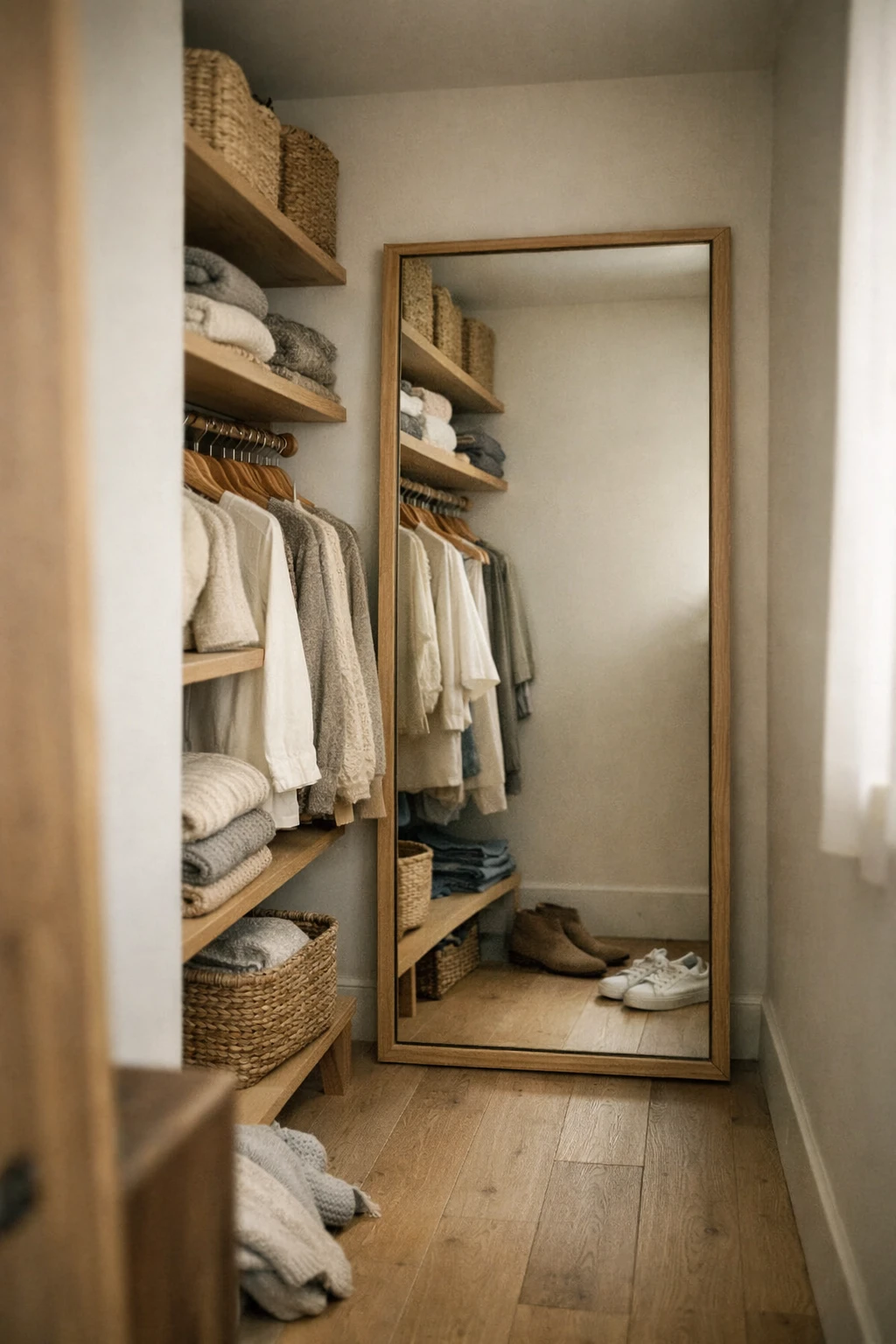 A narrow walk-in corner closet with a full-length mirror reflecting light and open shelving.
