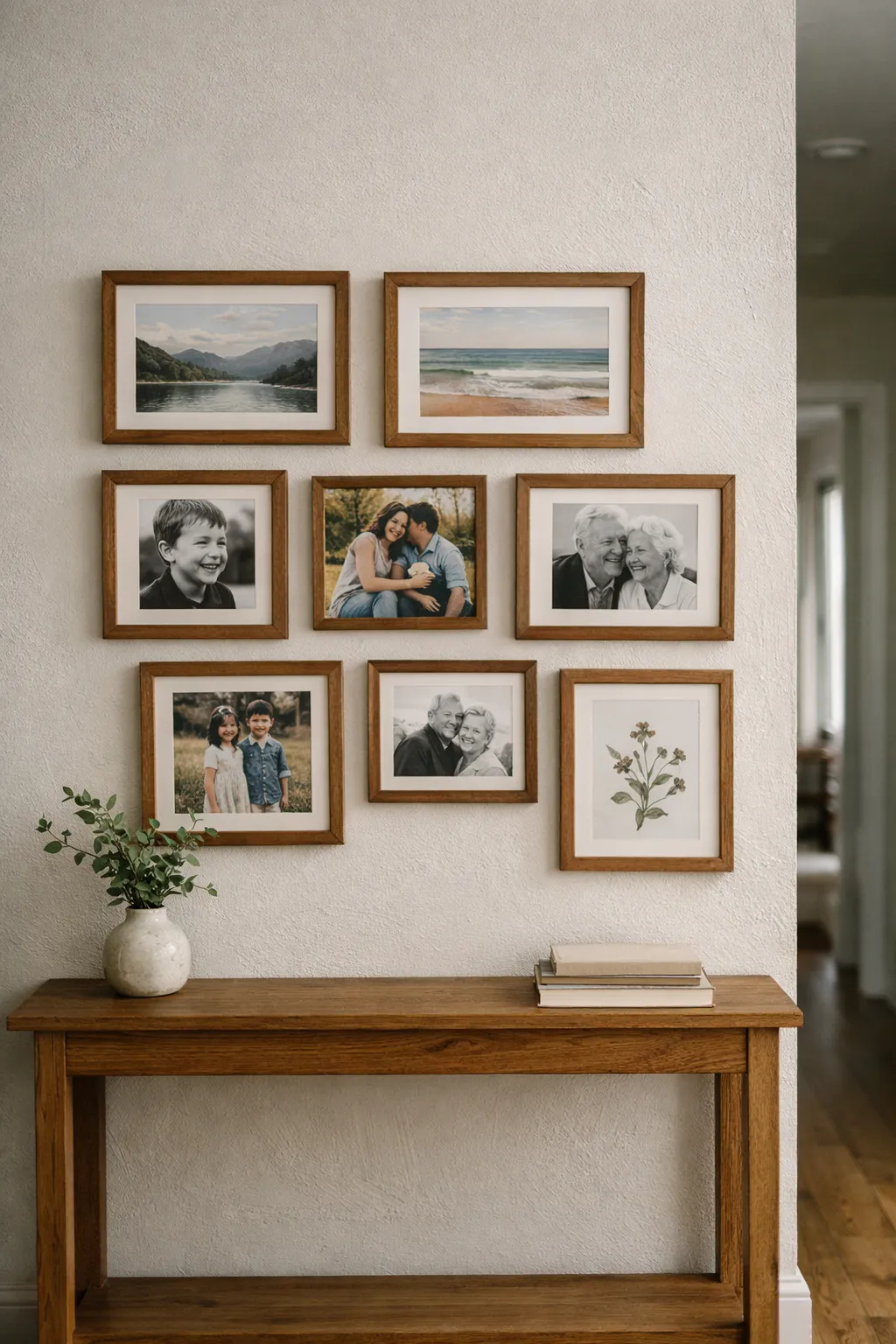 Console table beneath cohesive gallery wall with mixed framed art.