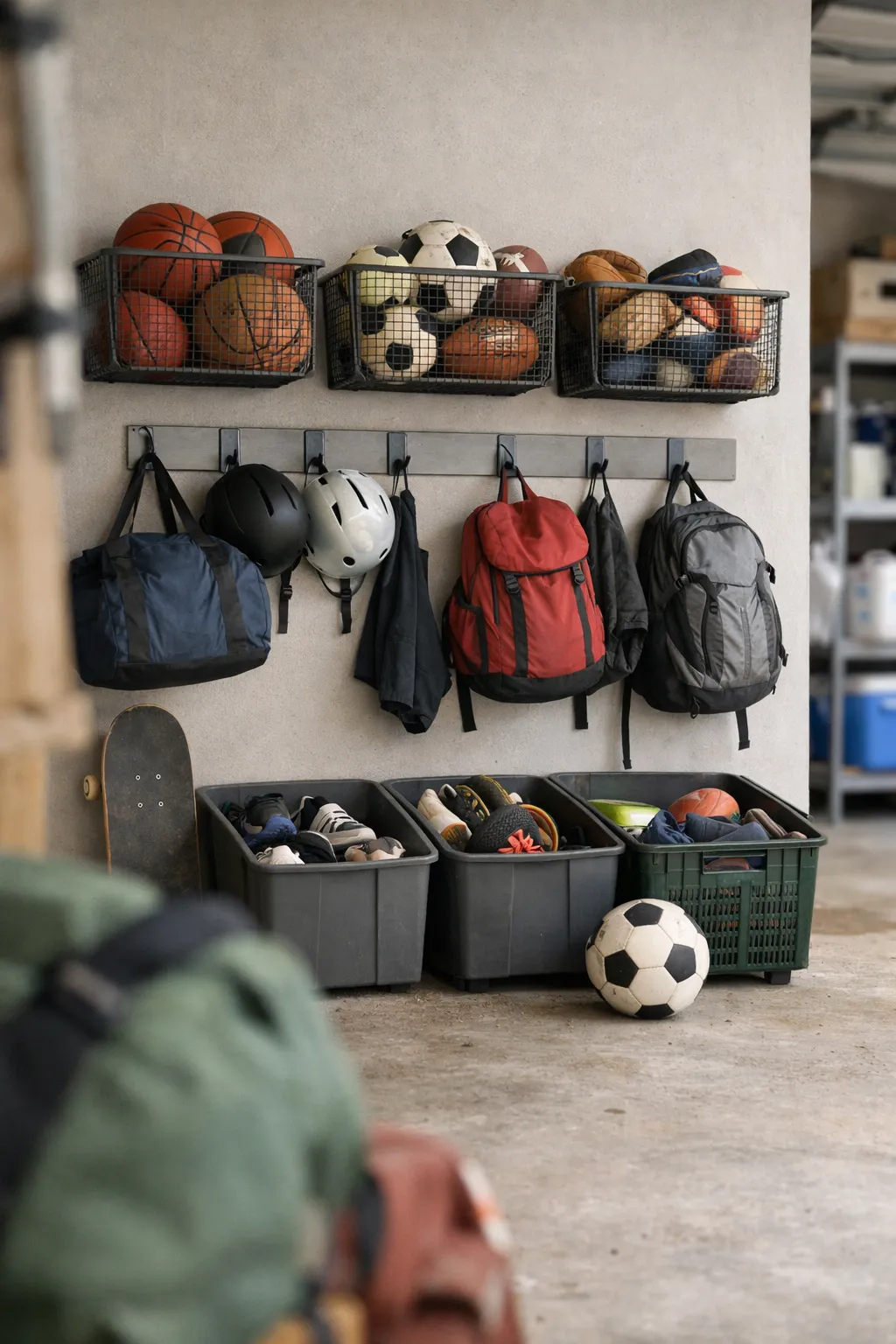 A family garage wall organized with baskets, hooks, and bins for sports equipment.
