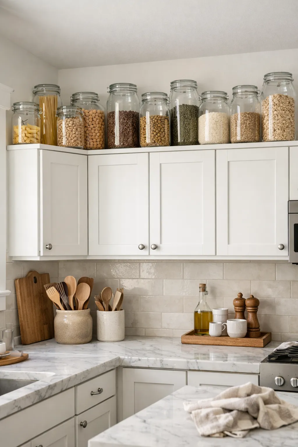 Clear glass jars with pasta and grains styled above kitchen cabinets.