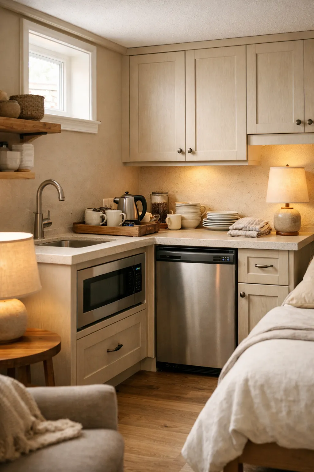 A guest-ready basement kitchenette with a mini fridge, microwave, coffee station, and warm finishes.