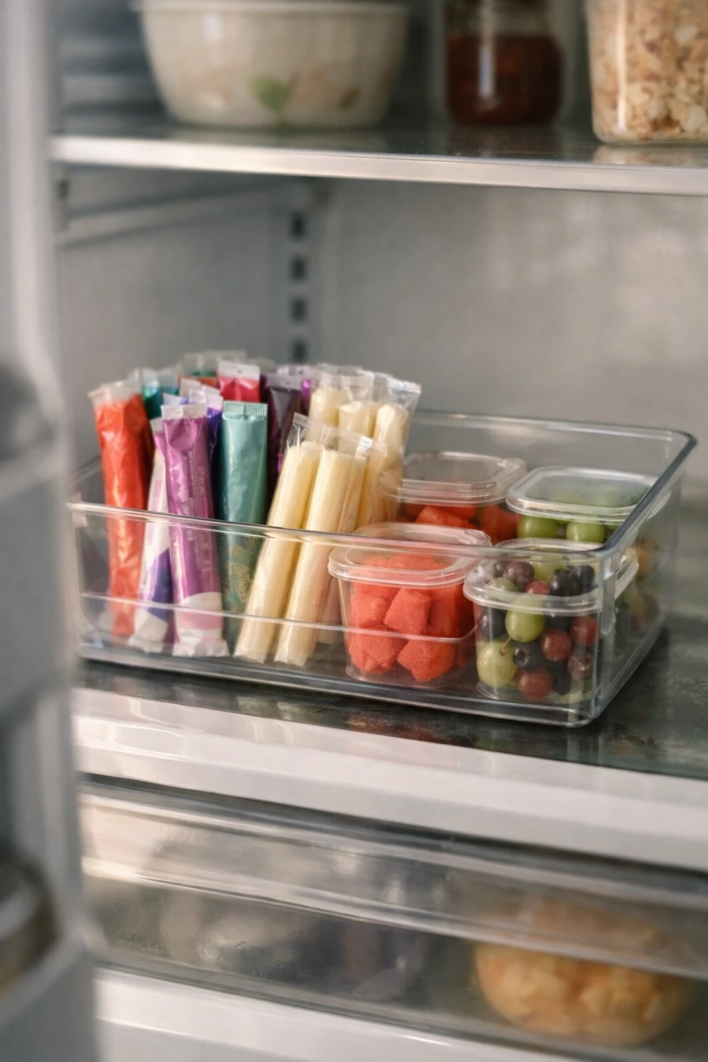 Lower refrigerator shelf with accessible snack bin for children