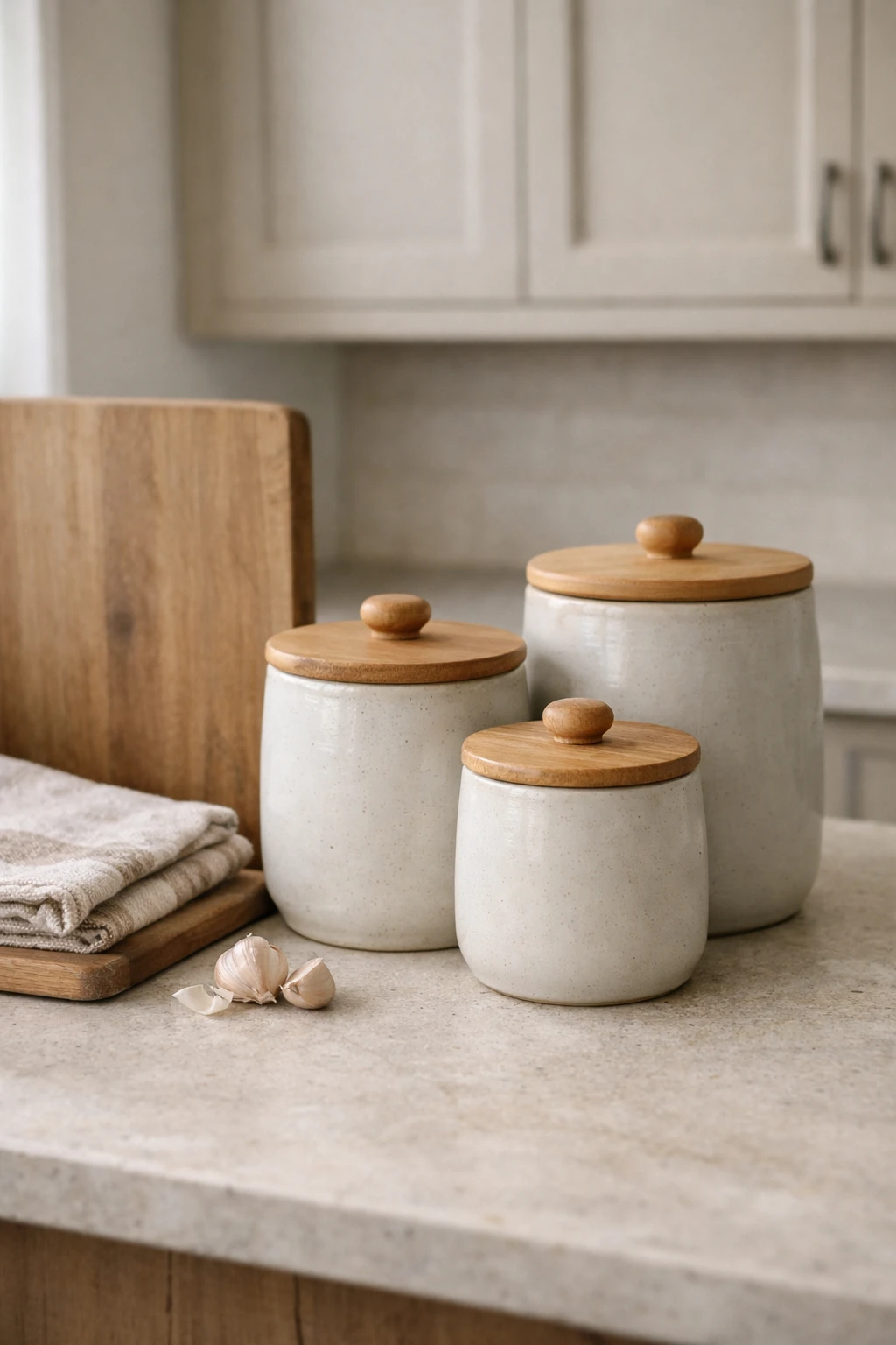 Matching ceramic kitchen canisters styled on a countertop with clean, neutral decor.