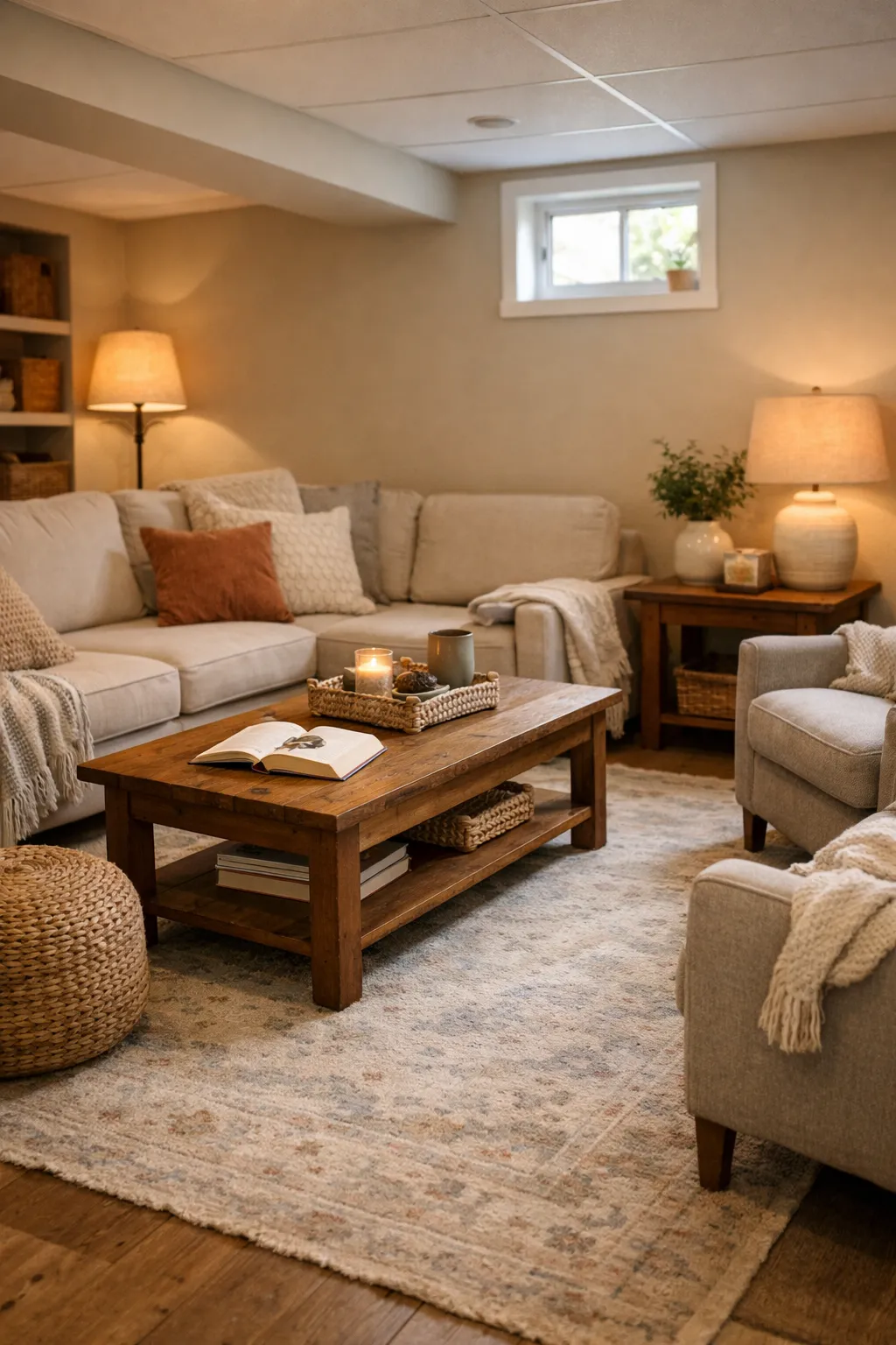 A basement family space with a large area rug defining the seating zone and adding warmth.