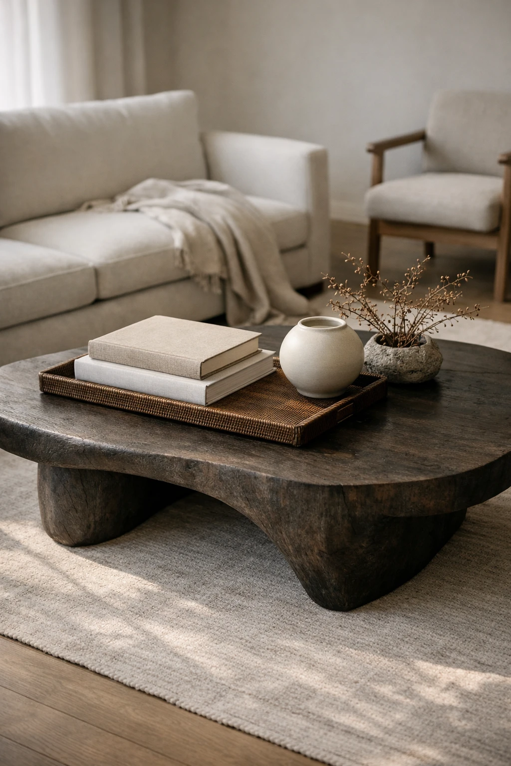 A luxury living room with a sculptural coffee table styled with books, a tray, and a ceramic object.