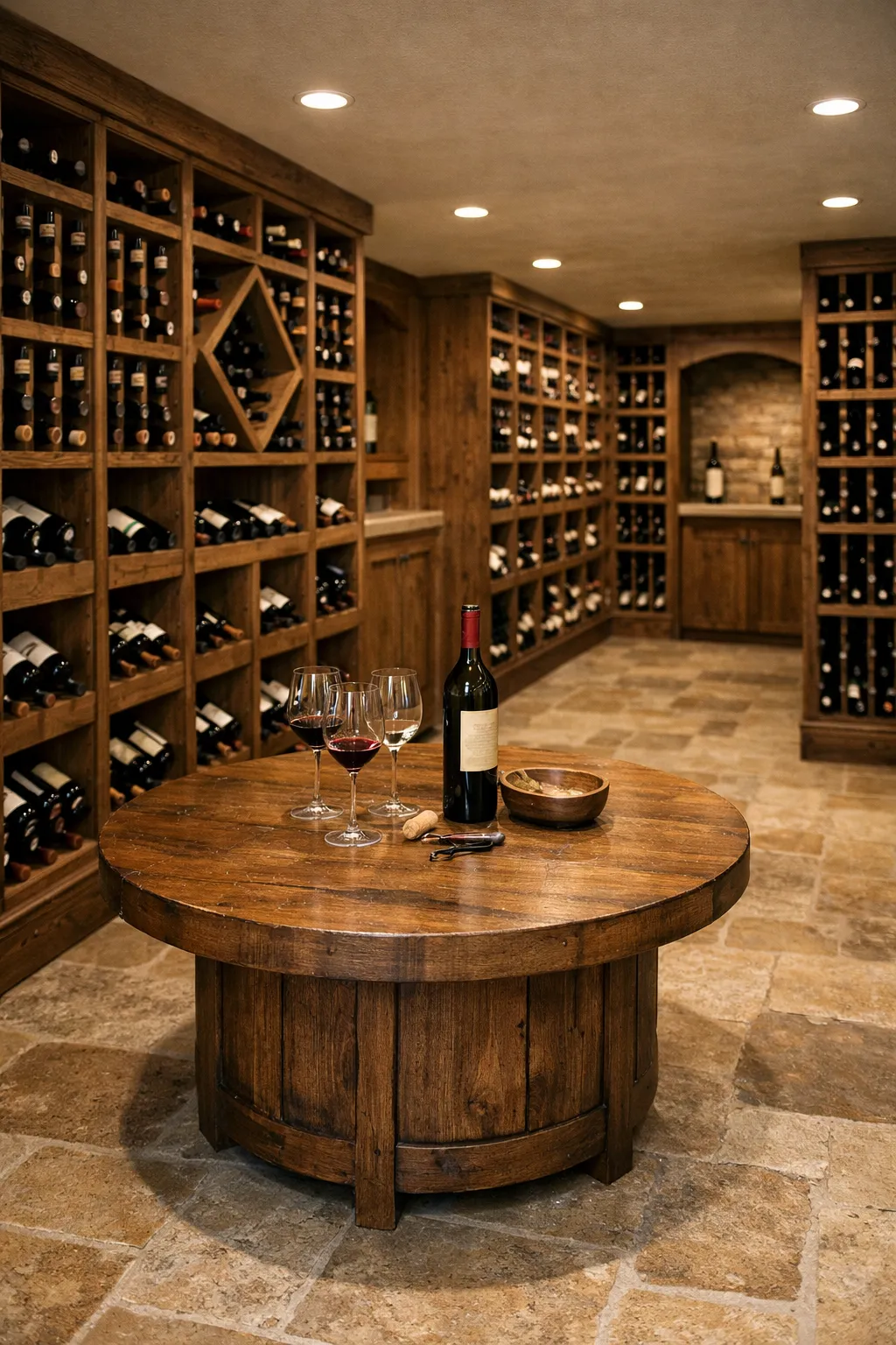 Spacious luxury basement wine cellar with tasting table and custom wooden racks.