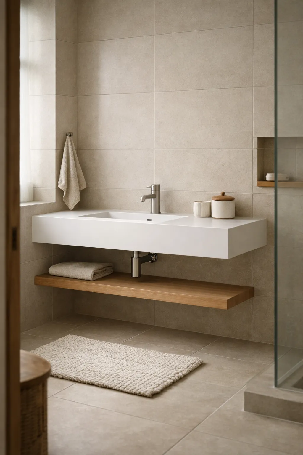 A modern bathroom with matte beige tile and minimalist hardware.