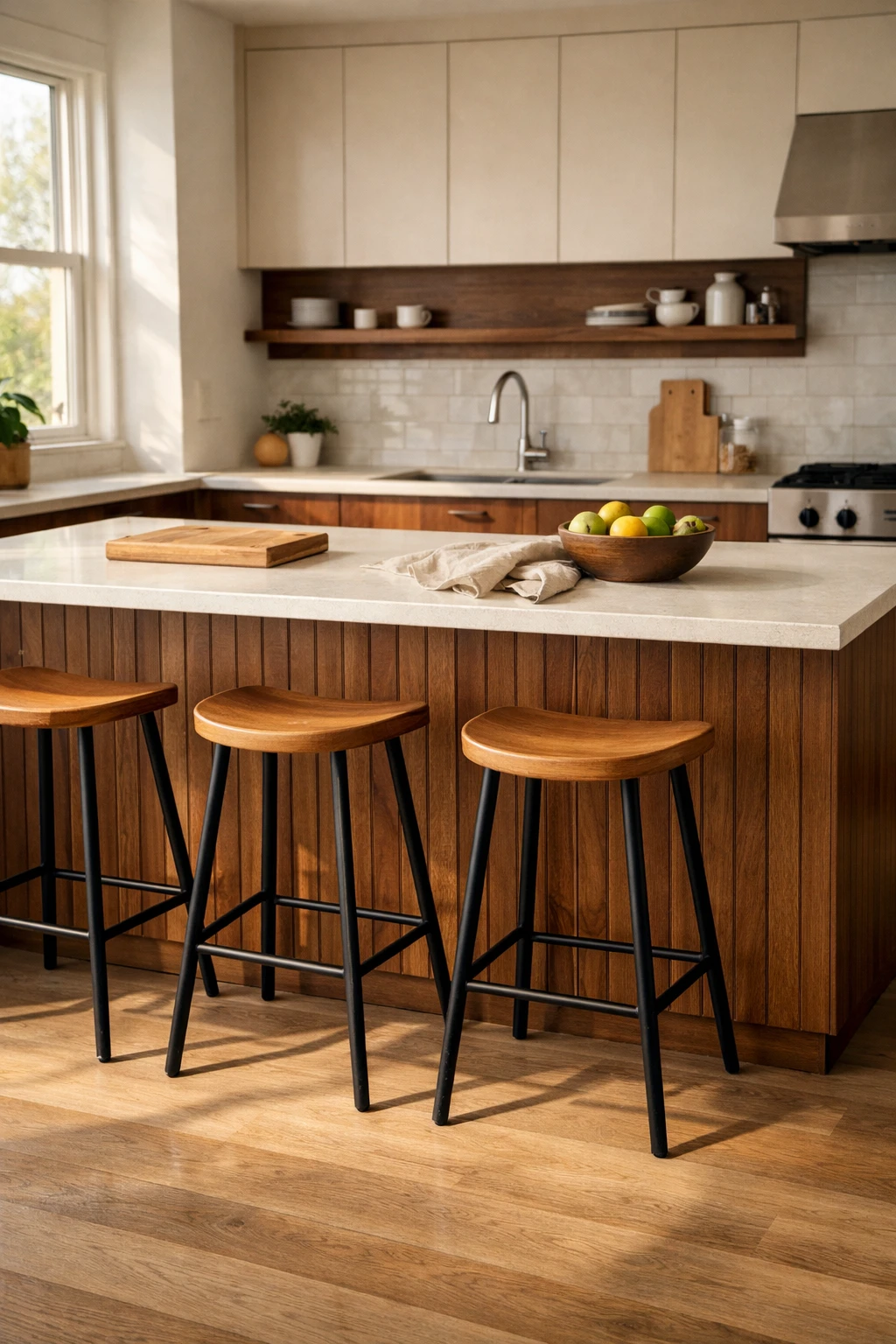 Mid century kitchen island with wood panel base and white countertop