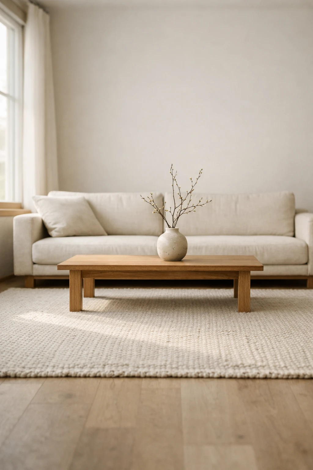 Minimalist Japandi living room with low furniture and calm neutral colors.