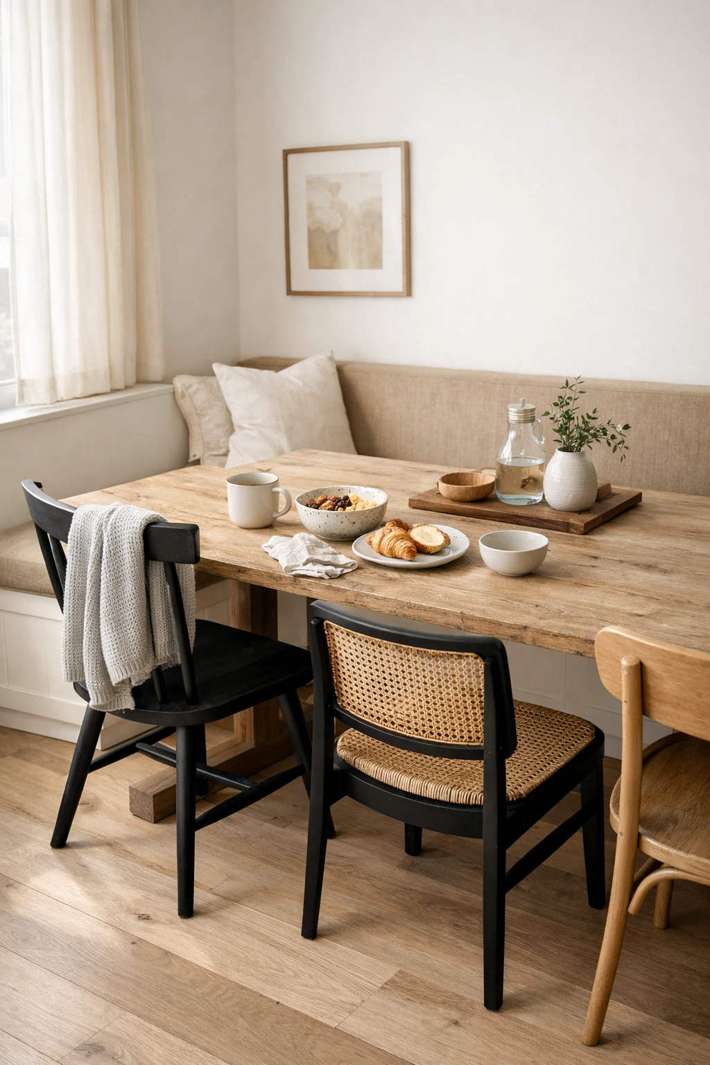 A kitchen dining nook with a bench on one side and dining chairs on the other for a balanced layered look.