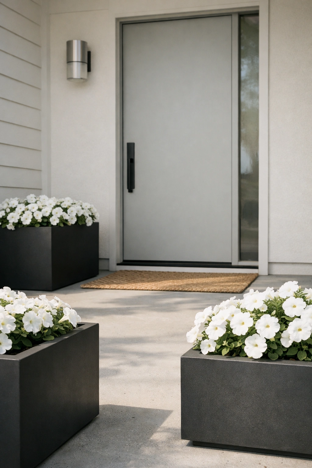 A modern front porch features simple planters filled with flowers in one color palette.