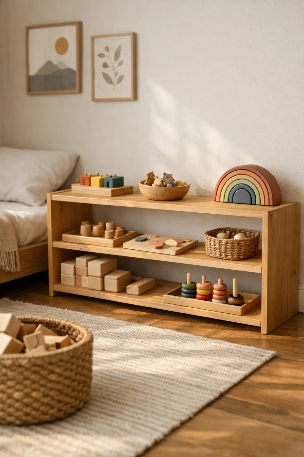 A Montessori bedroom with low open toy shelves, wooden toys, trays, and an uncluttered child-friendly setup.