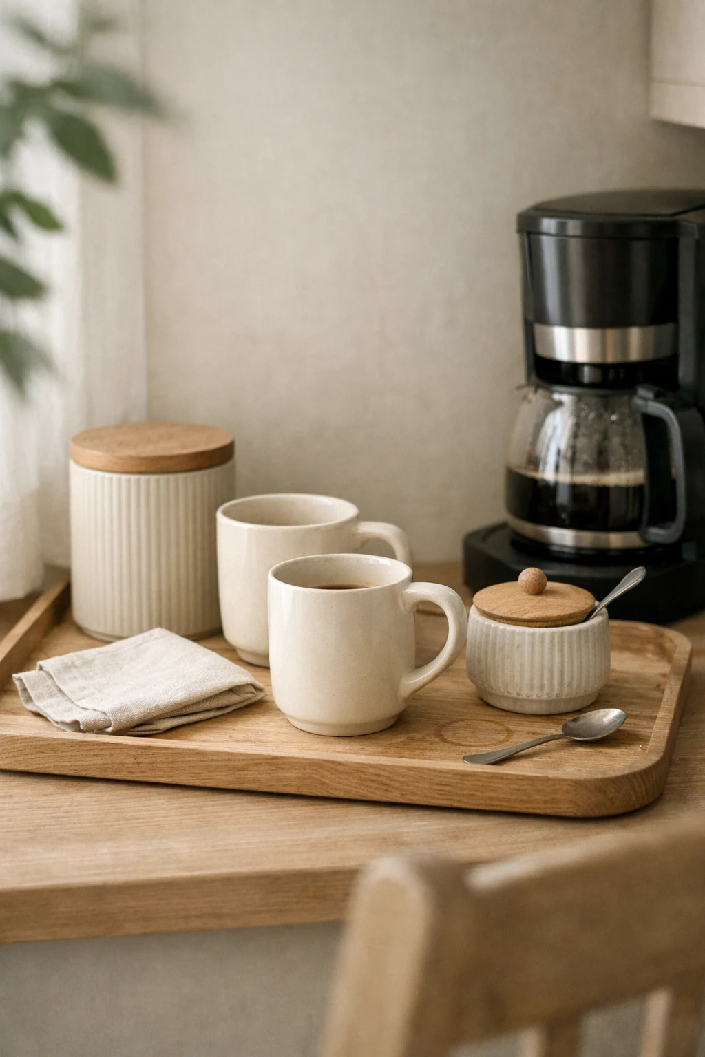 A neutral coffee station with cream mugs, soft beige accents, and natural wood textures.