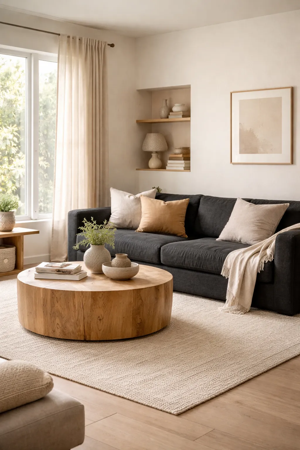 An organic modern living room with a black sofa, textured neutrals, natural wood, and calm earthy decor.