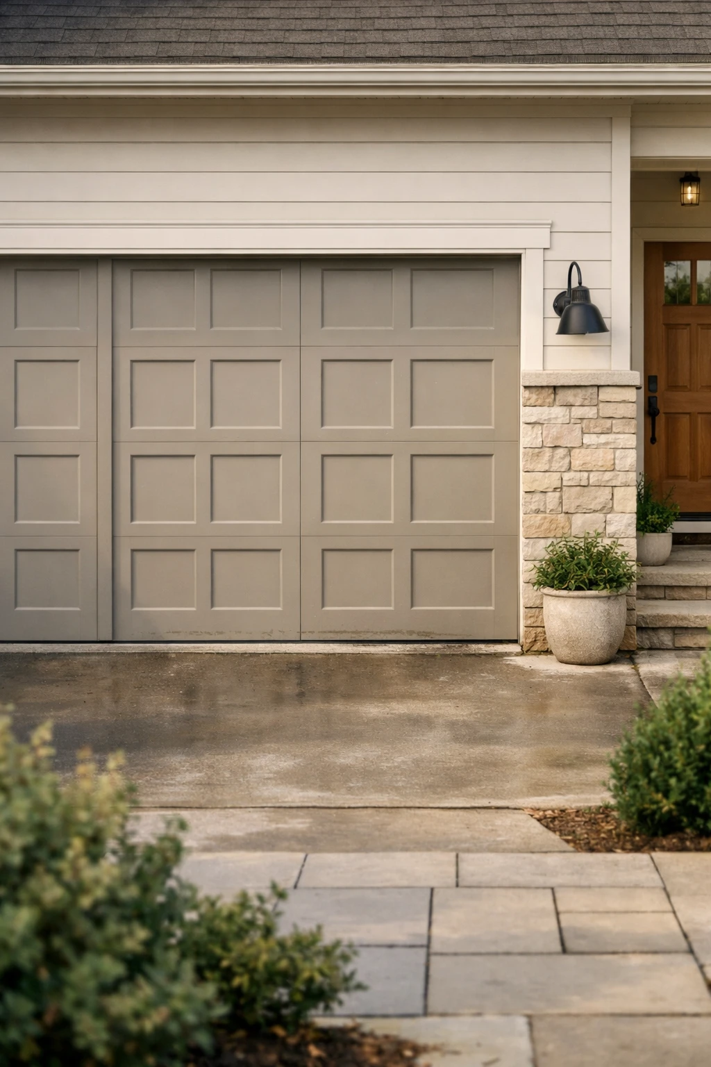 A transitional home exterior with shaker-style garage doors in a soft greige finish.