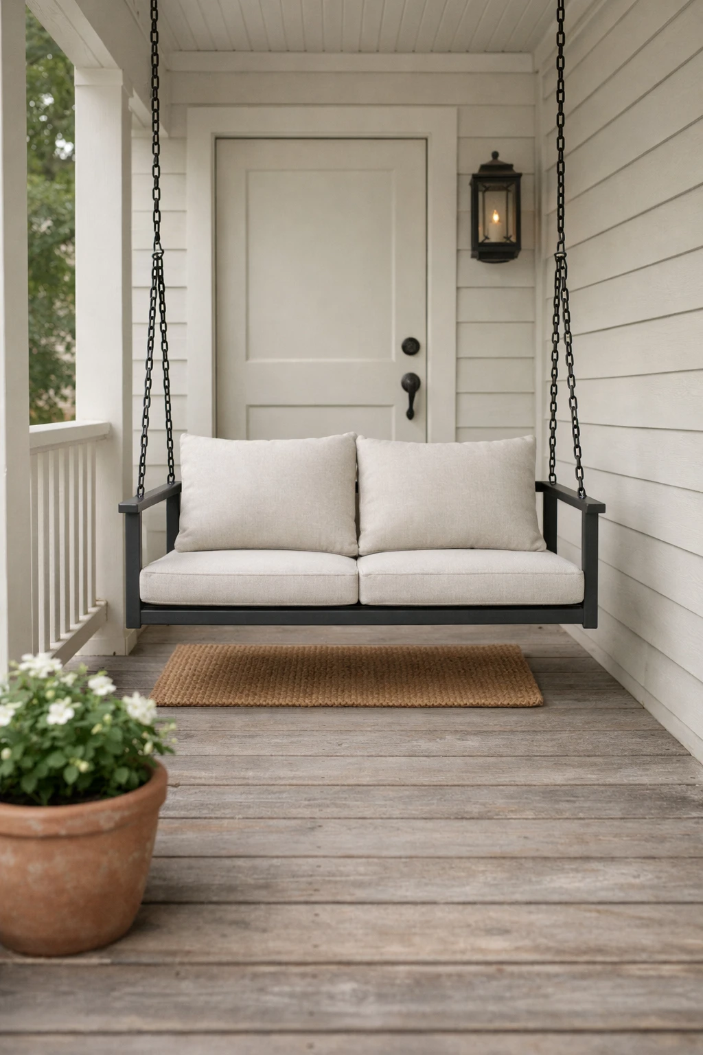 A compact porch swing with slim lines and light neutral styling on a narrow front porch.