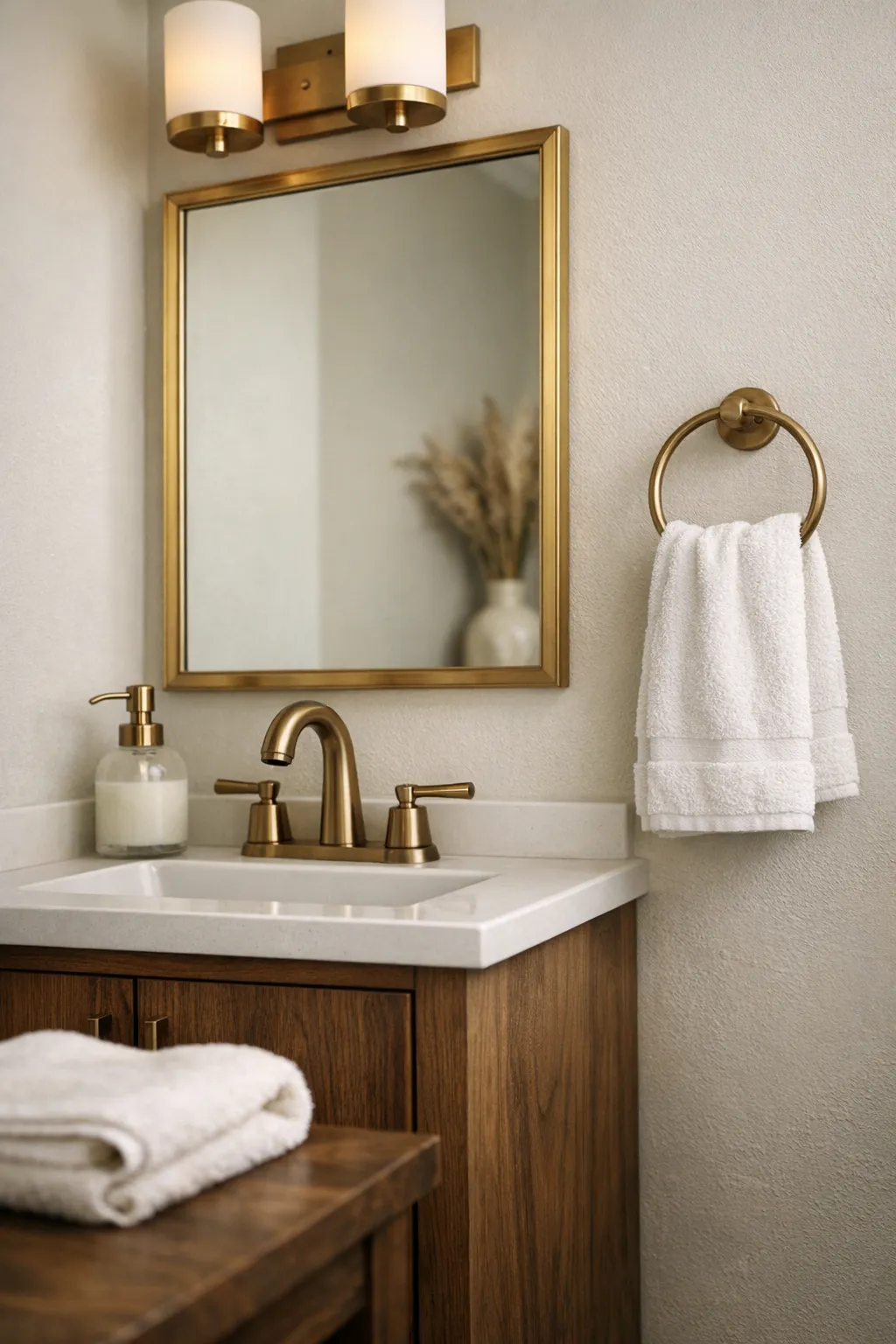 A small powder room with warm brass hardware, a walnut vanity, and a polished mirror.