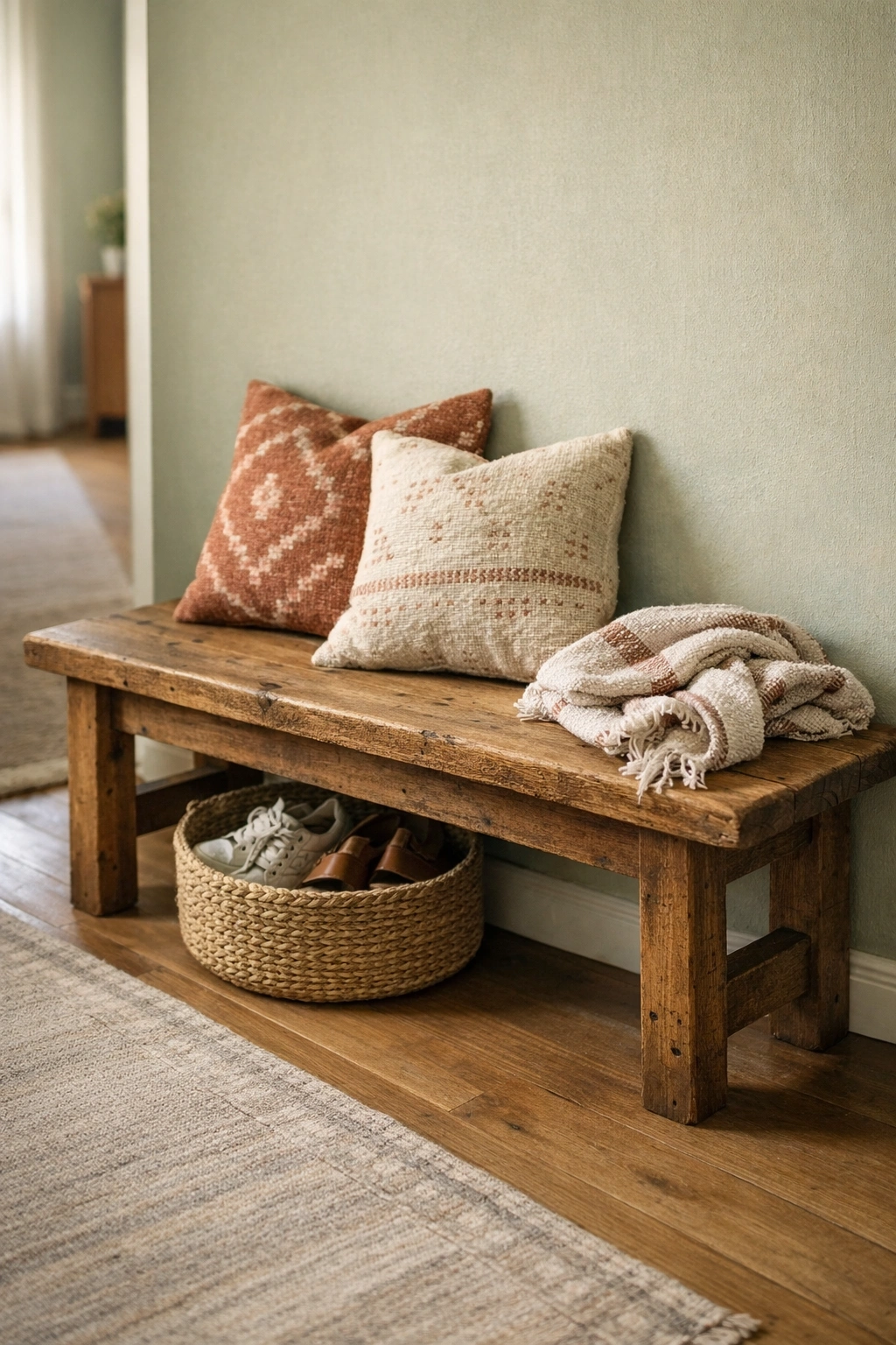Wooden bench with patterned pillows and woven throw in bohemian hallway.