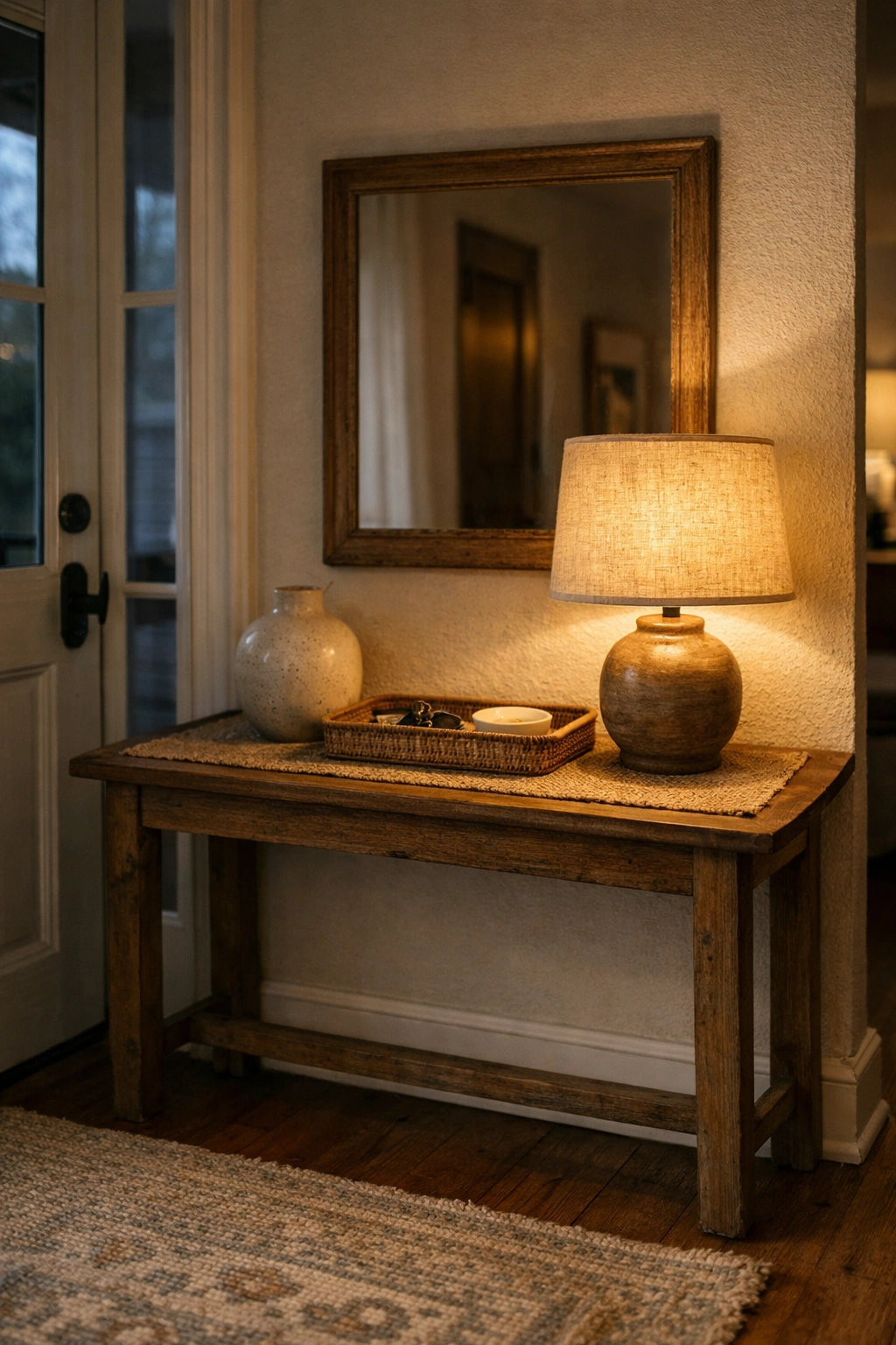 A home entrance with a table lamp casting warm light over a console table.