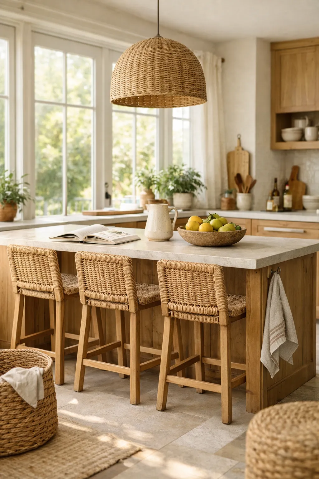 A bright kitchen with woven bar stools, natural textures, warm wood, and soft daylight creating a relaxed mood.