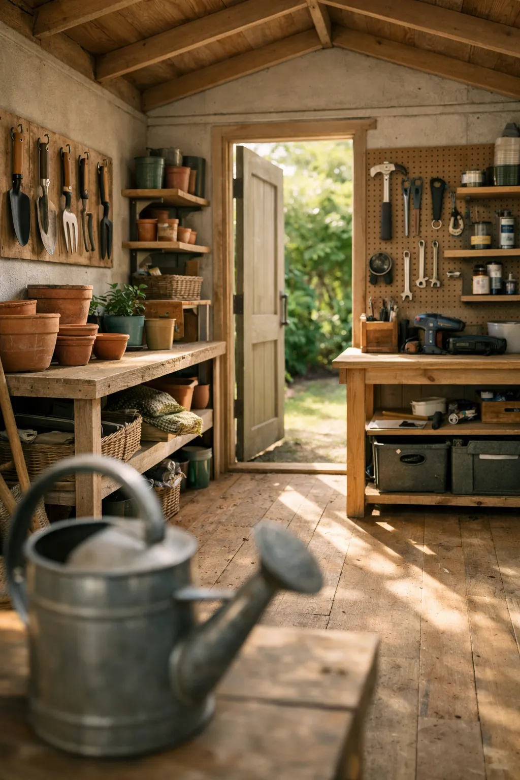 Organized shed divided into gardening and tool storage zones.