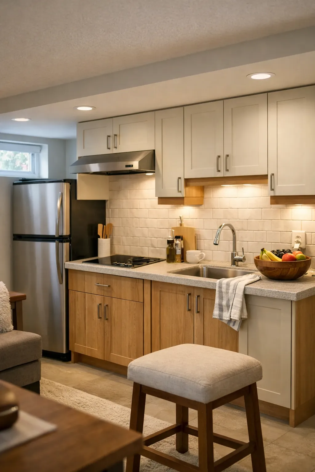 A functional basement apartment kitchenette with full storage, prep space, and compact appliances.