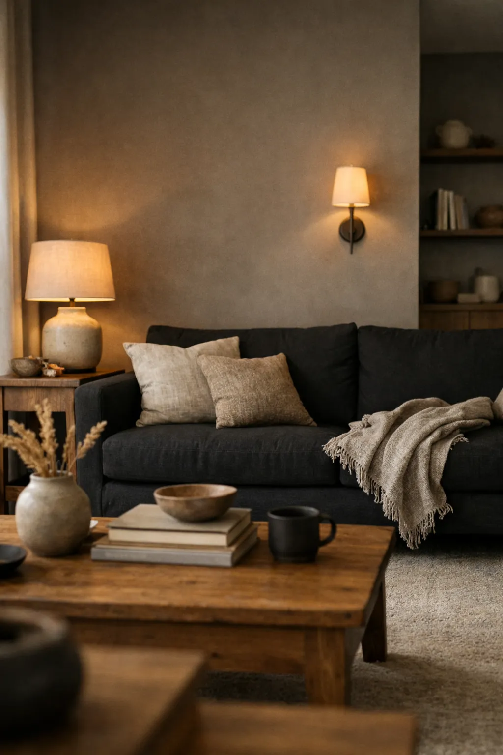 A black sofa living room with charcoal walls, warm wood accents, soft lighting, and a balanced moody atmosphere.