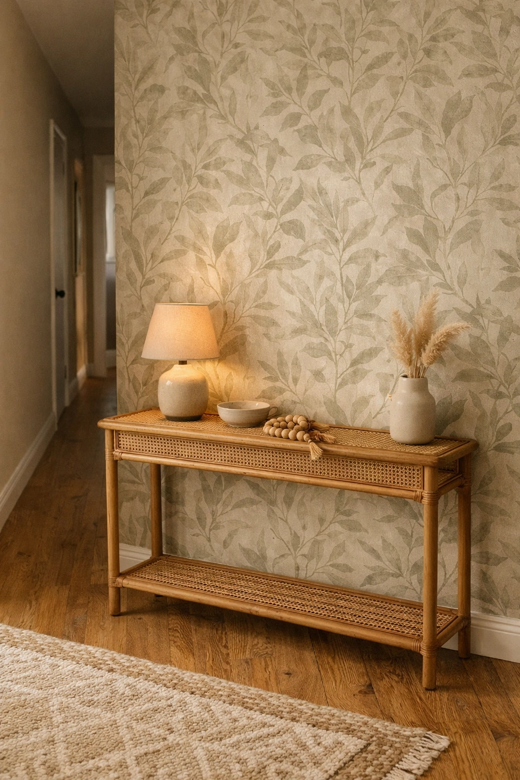 Muted botanical wallpaper accent wall in bohemian hallway.