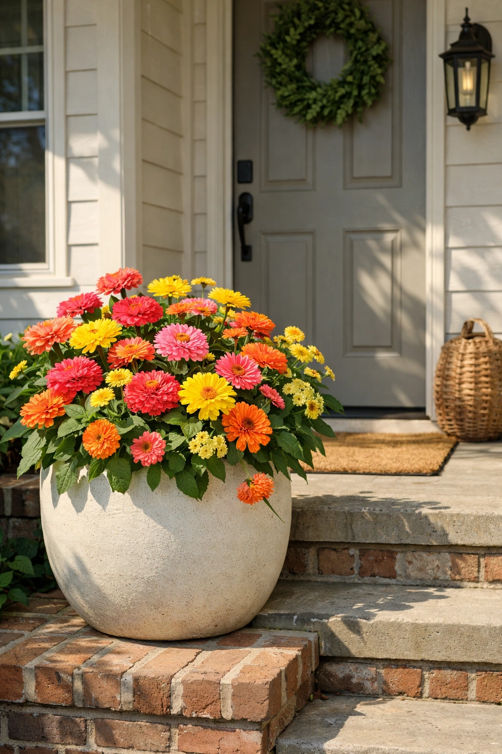Large porch pots filled with bright summer flowers create bold curb appeal.
