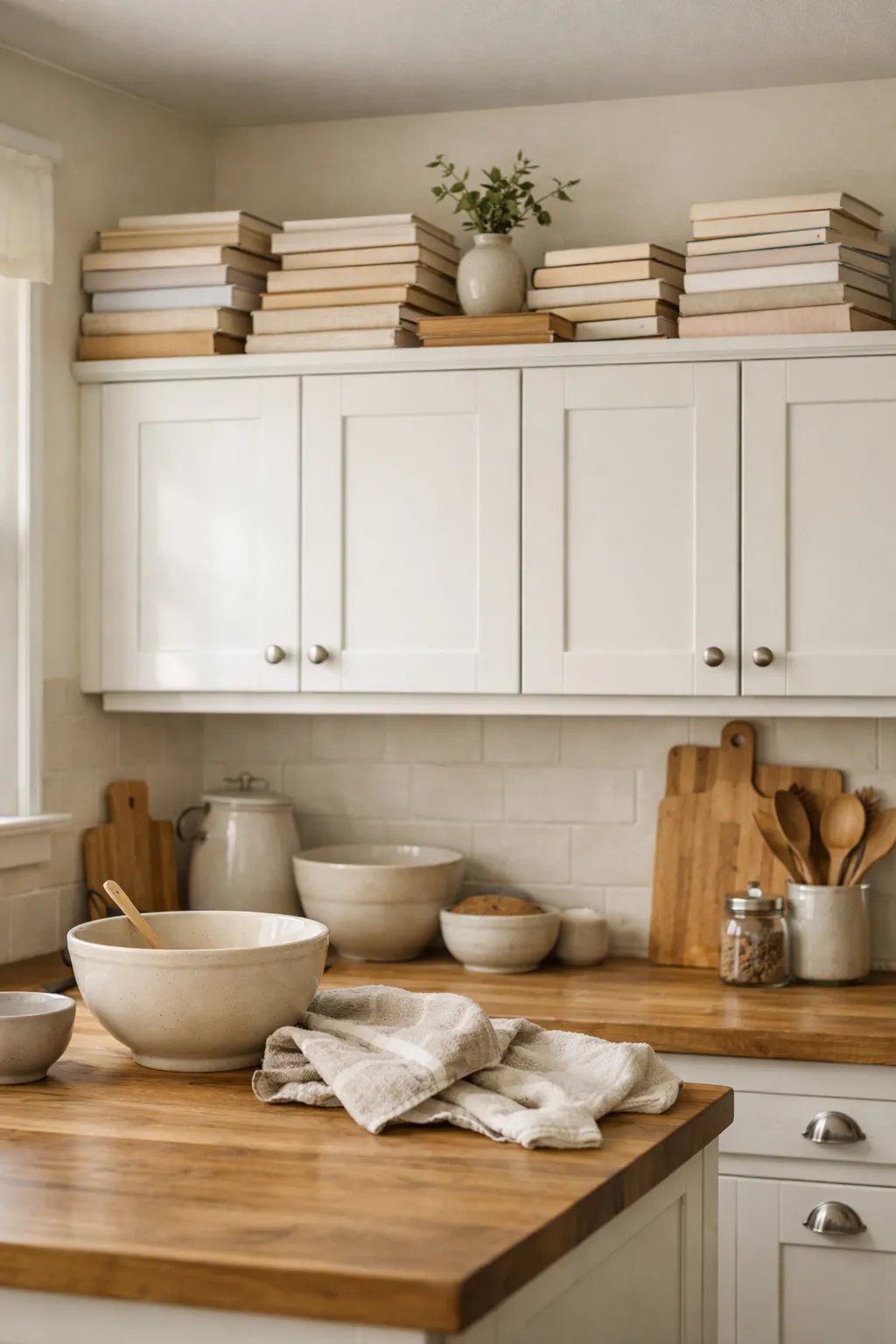 Stacked cookbooks with decor placed above kitchen cabinets.
