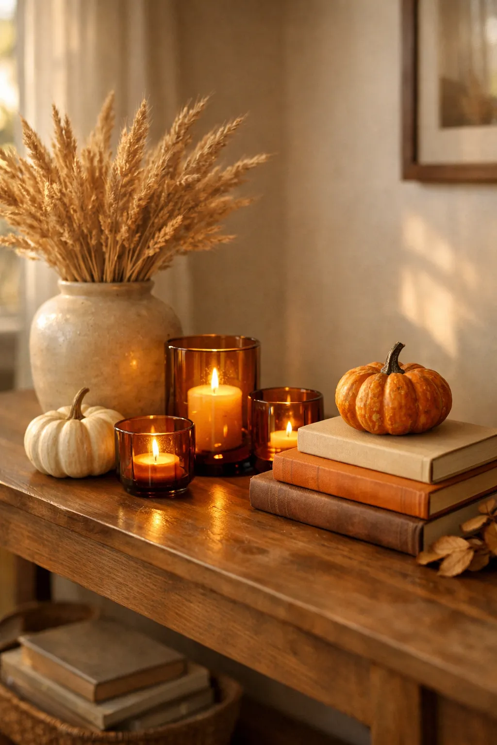 Fall decorated console table with pumpkins, amber glass candles, and dried wheat.