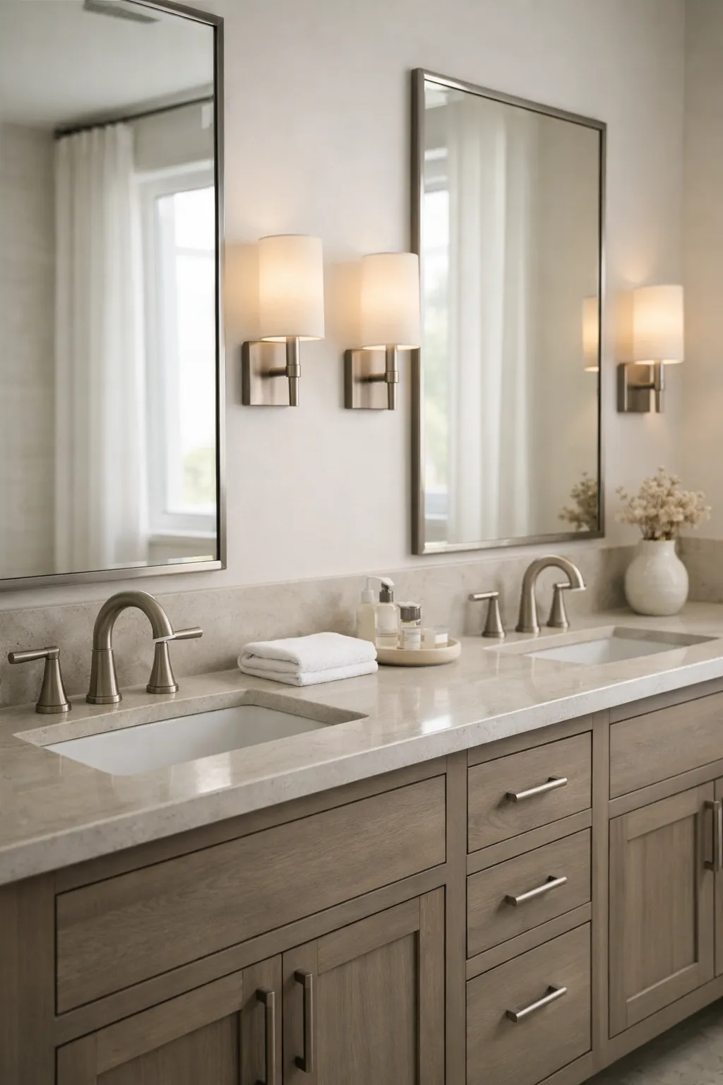 A modern neutral bathroom with a symmetrical double vanity and soft contrast.